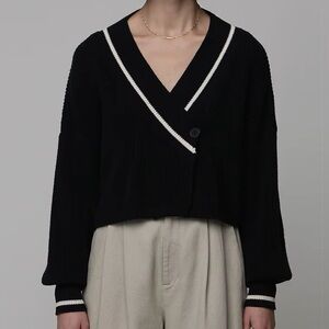 OAK + FORT Black Cropped Cardigan with White Trim